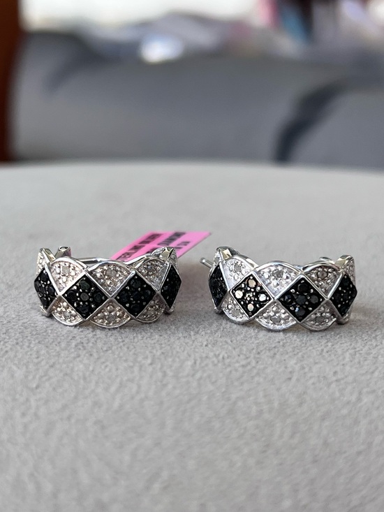 Diamond 925 Sterling Silver Jewelry - Sterling Silver Black and White Natural Diamond Pavé Half Hoop Earrings